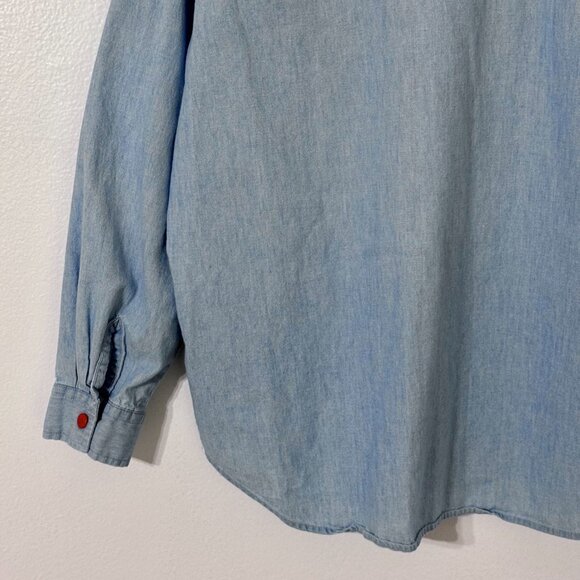 Vtg Christmas Stamps Denim Button Down Shirt Embroidered Holiday Festive Teacher - Picture 9 of 16